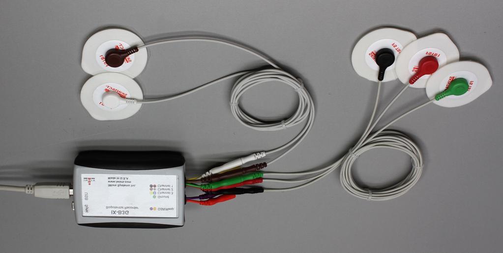 ECG Cable Setup am ple La b 1. Locate the red, black, green, frown, and white electrode lead wires (Figure HH-4-S1). Figure HH-4-S1: IX-B3G with five lead wires and electrodes connected. 2.