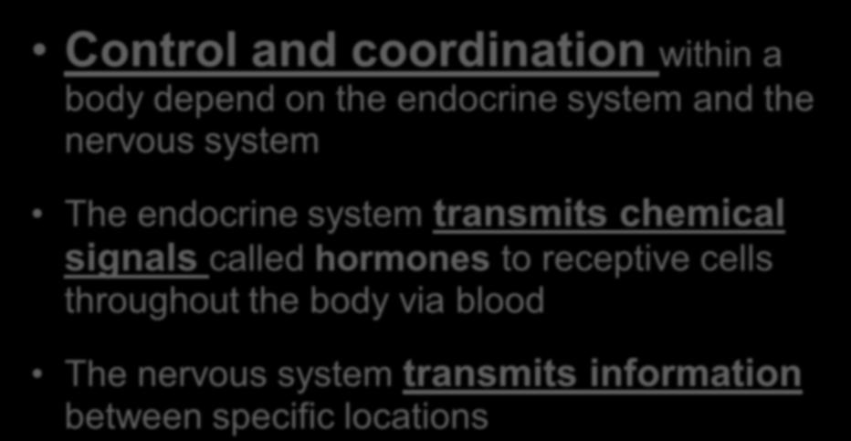 Coordination and Control Control and coordination within a body depend on the endocrine system and the nervous system The endocrine system transmits