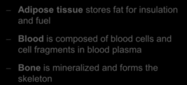 Adipose tissue stores fat for insulation and fuel Blood is composed of blood cells and cell