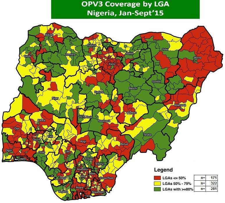 Figure 4: Routine OPV3 Coverage by LGA, Nigeria, January-September 2015 Transmission of cvdpv2 in AFP cases and the environment continued in Kaduna State in the first half of 2015 following SIPDs in