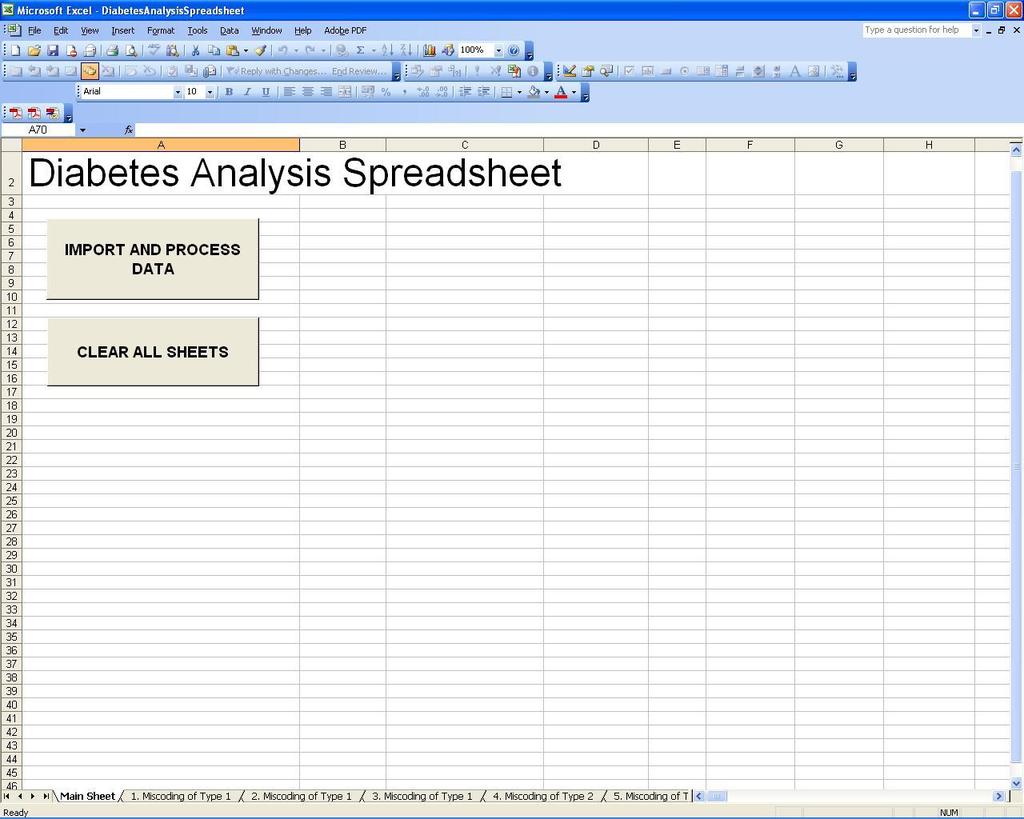 Using the Diabetes Spreadsheet... Step 4: Make sure you open the first worksheet Main Sheet. Click on the Import and Process Data button.
