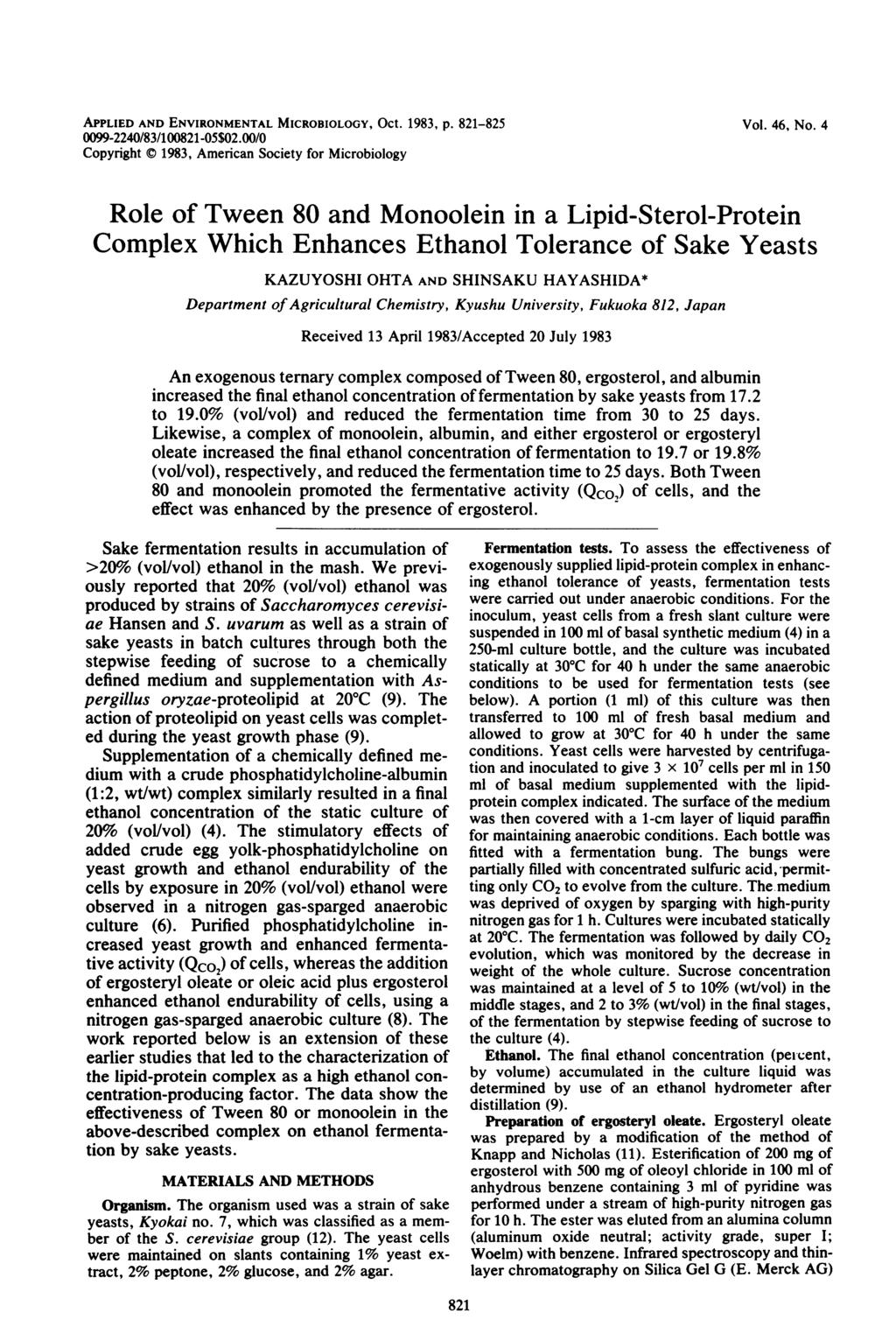 APPLIED AND ENVIRONMENTAL MICROBIOLOGY, OCt. 1983, p. 821-8 99-224/83/1821-5$2./ Copyright 1983, American Society for Microbiology Vol. 46, No.