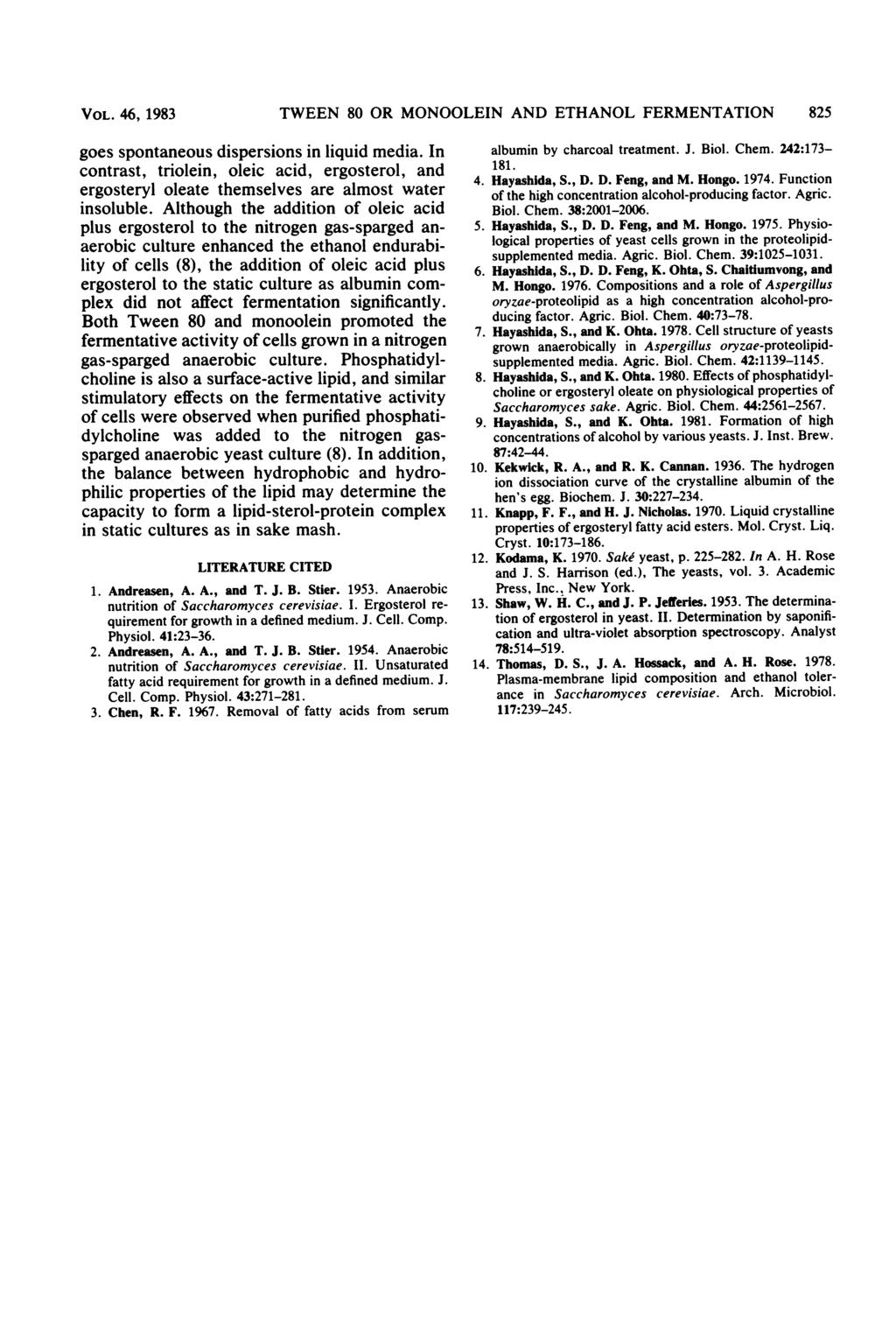 VOL. 46, 1983 goes spontaneous dispersions in liquid media. In contrast, triolein, oleic acid, ergosterol, and ergosteryl oleate themselves are almost water insoluble.