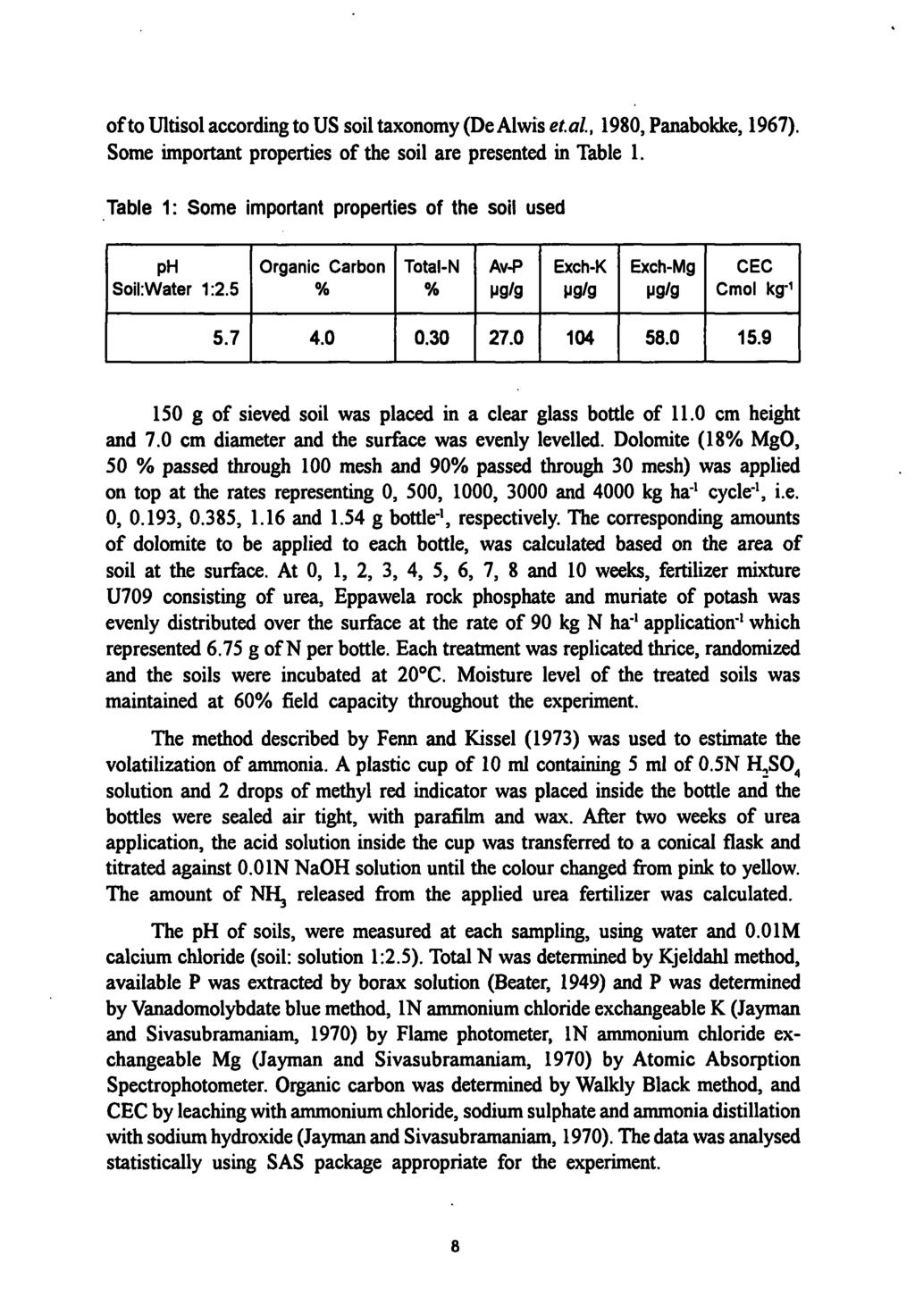 of to Ultisol according to US soil taxonomy (De Alwis et.al, 1980, Panabokke, 1967). Some important properties of the soil are presented in Table 1.