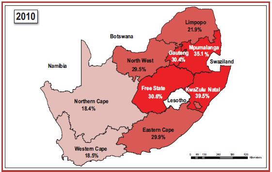 4. DISCUSSION 4.1 Infant HIV Exposure Figure 15 indicates the 2010 maternal HIV prevalence in mothers from the antenatal sentinel surveillance by province (NDOH, 2011).