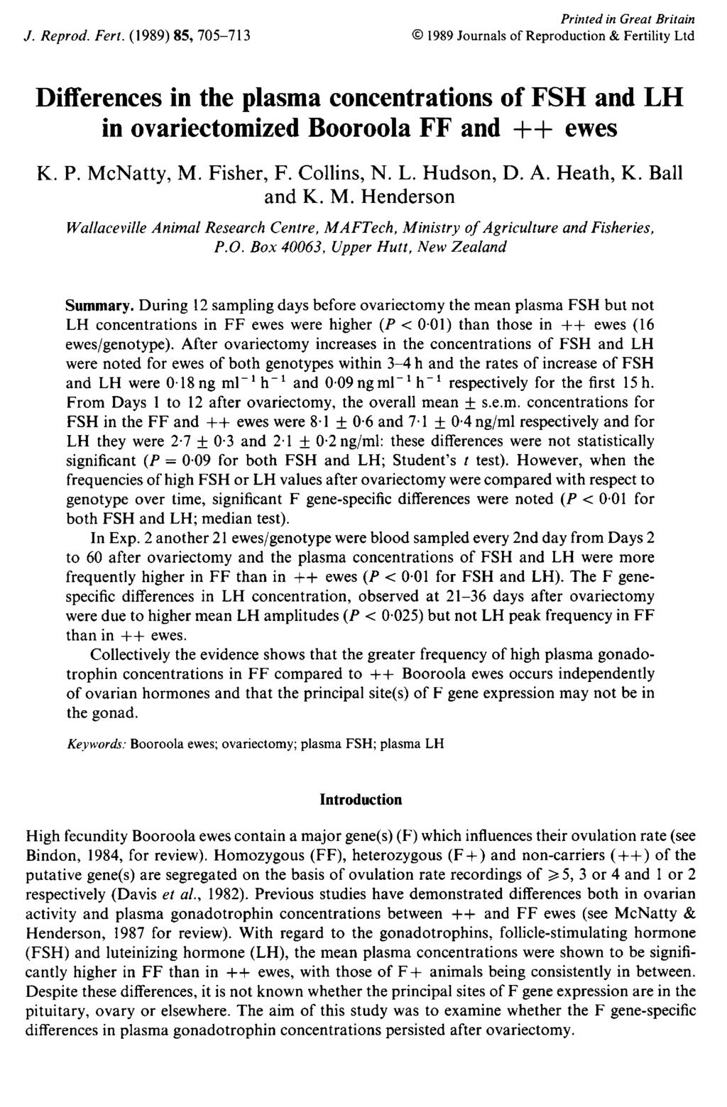 Differences in the plasma concentrations of FSH and LH in ovariectomized Booroola FF and ++ ewes K. P. Mc