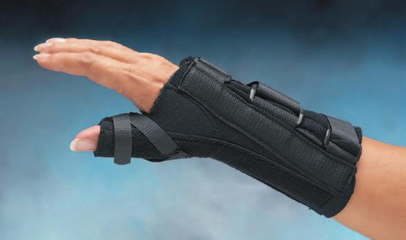 Includes two dorsal stays and one volar Rheumai Wrist and Thumb Splint Use to prevent wrist and thumb MP joint motion. Made of breathable material with D-ring straps and microfleece lining.