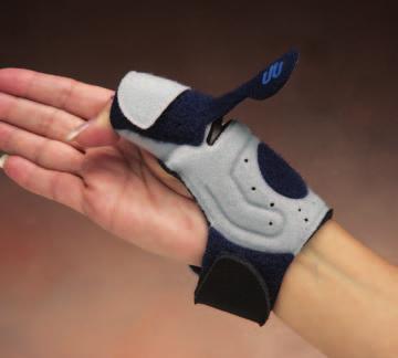 Fasten the tab to prevent MP flexion or leave loose for active motion. Built-in layer of thin, malleable aluminum provides contoured support around the MP and CMC joints.