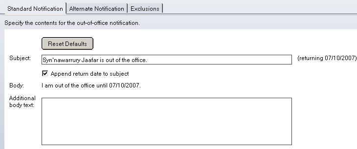 4. Pada tab Exclusions, anda boleh mengecualikan penghantar emel daripada mendapat jawapan Out-Of-Office daripada anda.
