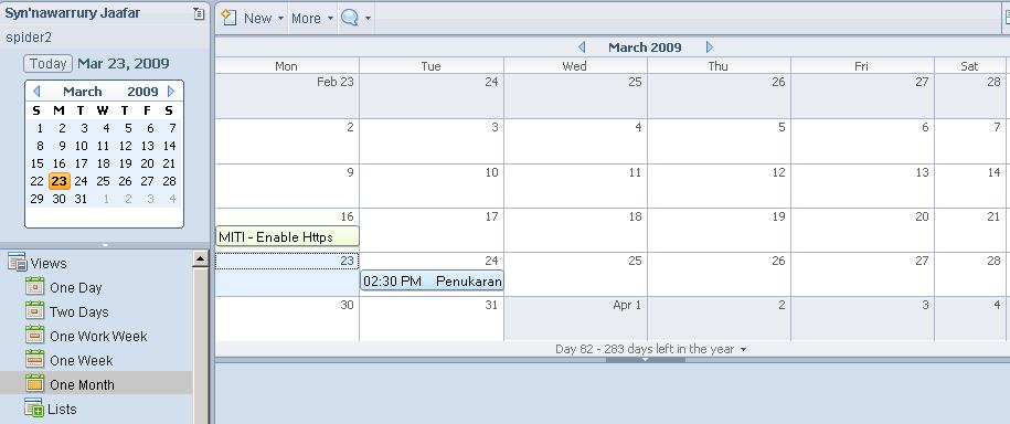 Petua: Anda boleh bertukar dari calendar anda sendiri kecalendar pengguna lain, Mail dan To Do dengan menggunakan tajuk menu Mail, Calendar