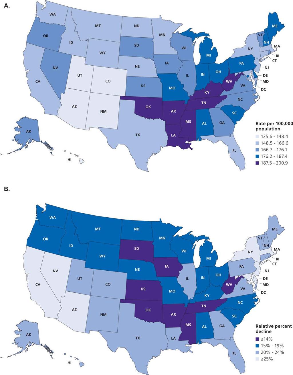 FIGURE 4. Geographic Patterns in Cancer Death Rates in 2011 (A) and in the Relative Decline (%) in Cancer Death Rates from 1990 1992 to 2011 (B).