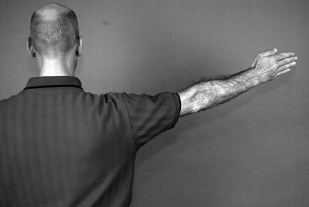 With the palms open, point your right hand toward two-thirty and your left hand toward nine-thirty. Elevate the hands toward these locations.