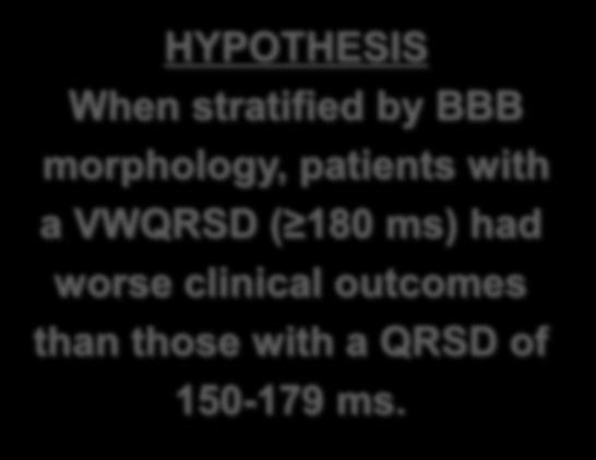 and April 2006) Classified into 3 groups based on their QRS interval 120-149 ms 150-179 ms > 180 ms HYPOTHESIS When stratified by BBB morphology, patients with a VWQRSD