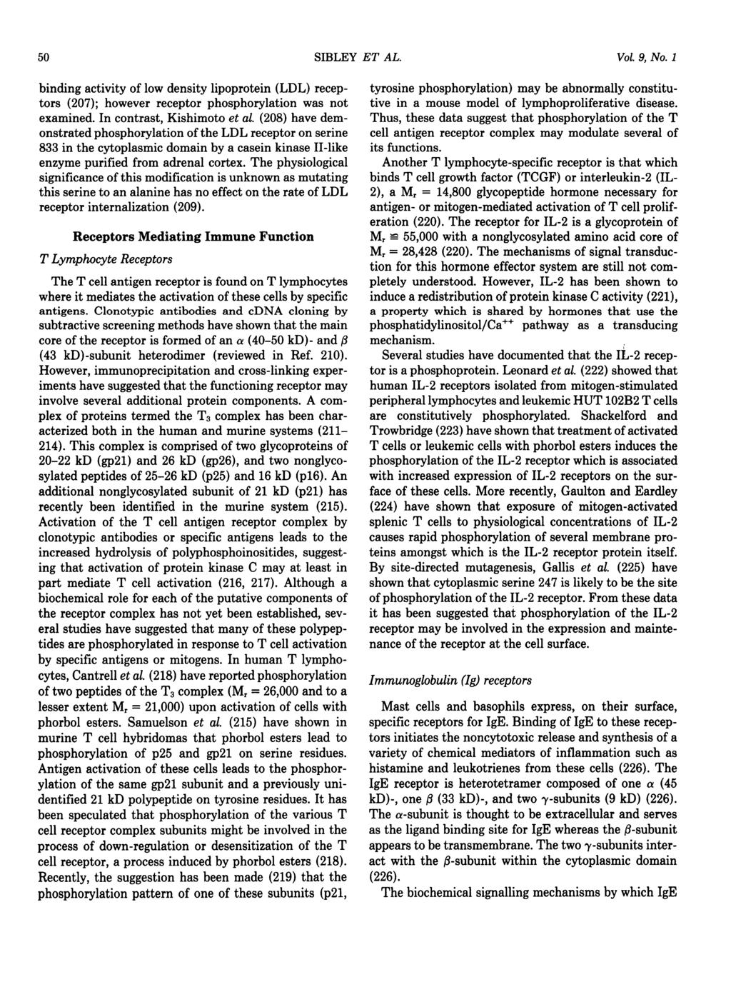 50 SIBLEY ET AL. Vol. 9, No. 1 binding activity of low density lipoprotein (LDL) receptors (207); however receptor phosphorylation was not examined. In contrast, Kishimoto et al.