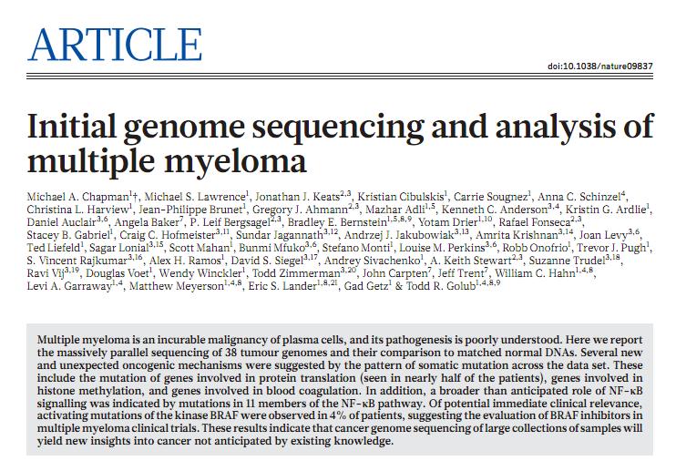 Genome Sequencing in Myeloma 10 There is no unifying mutation in myeloma Most frequently mutated genes found at 20% in untreated
