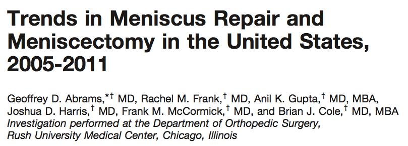 Abrams AJSM July 2013 No change in population under 65y in the US population for the years 2005 to 2011 387,833 Meniscectomies 23,640 M Repairs 84,927 ACL R