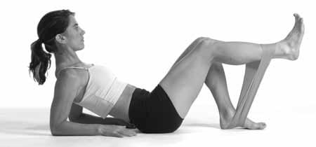 floor with your heel. Then loop the Flat Band around the ankle of your exercise leg. Lie back supporting upper body on elbows.