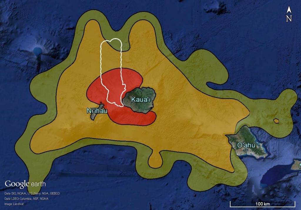 Figure 8. A probability density representation of short-finned pilot whale location data from 13 satellite tags deployed off Kauai.