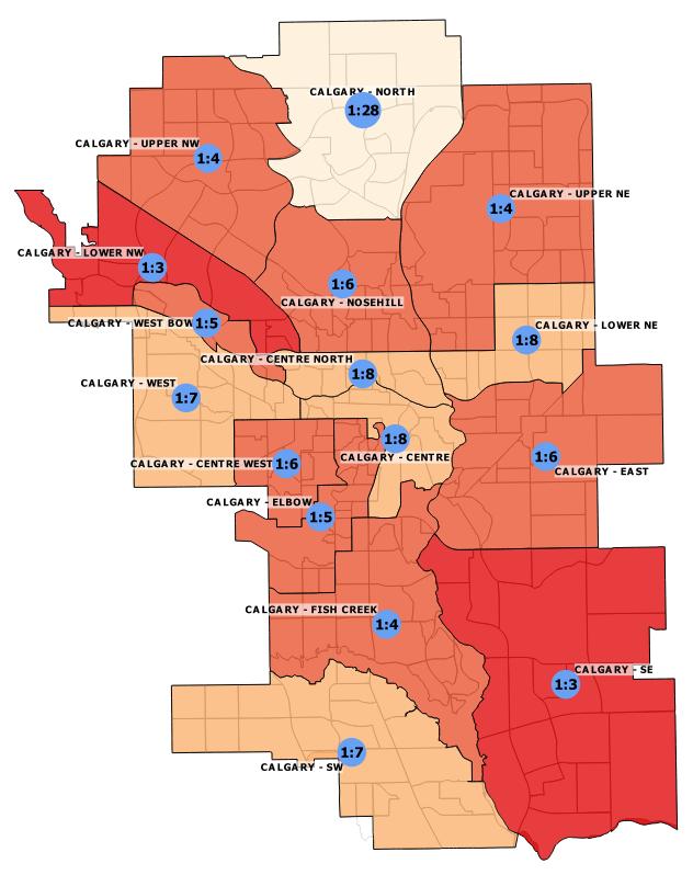Figure 7: Ratio of opioid (including fentanyl) drug overdose deaths to EMS opioid-related responses, in the City of Calgary, based on place of overdose, by LGA. Jan. 1, 2016 to Mar. 31, 2017.
