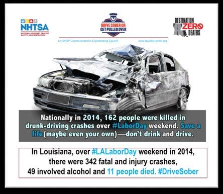 Pre- Campaign - August 15 to 18 FACEBOOK Louisiana #DZD Team is gearing up for #LALaborDay #DriveSober campaign. Share our Call to Action to end drunk driving.