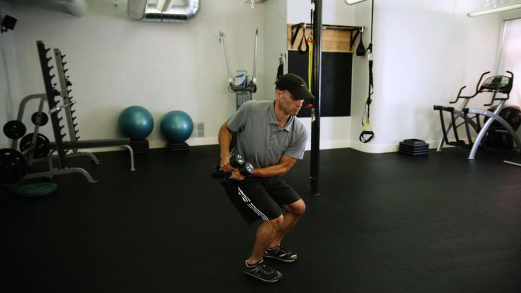 Lifts and Chops Begin with feet in a square stance, and weights at chest level.