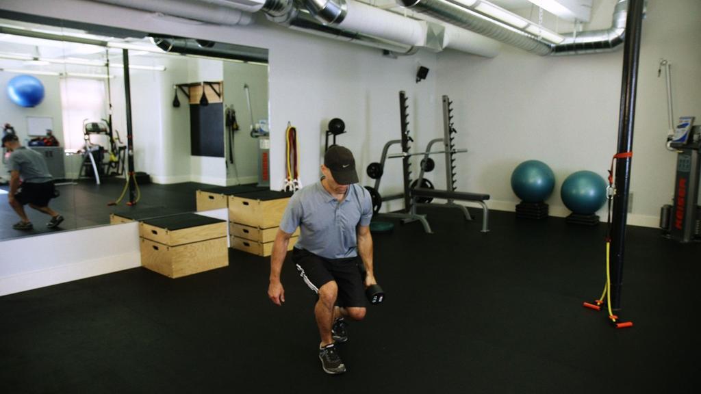 Split Squat to Shoulder Press In a staggered stance, squat toward the floor, keeping your torso neutral, without flexing or bending in the spine. Allow the rear heel to elevate off of the floor.