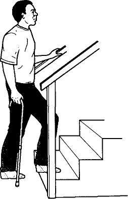 Stair Climbing Up with the good To properly ascend stairs, it is "up with the good." If there is a rail, hold the rail with one hand and a crutch or cane in the other.