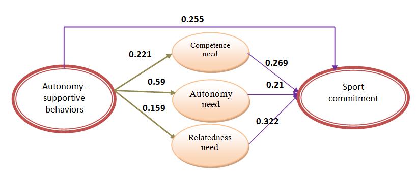 Table 3 - Parameters associated with the model presented The final model in Figure Shows that a direct and indirect relationship exists between the coaches` autonomy-supportive behaviors and sport