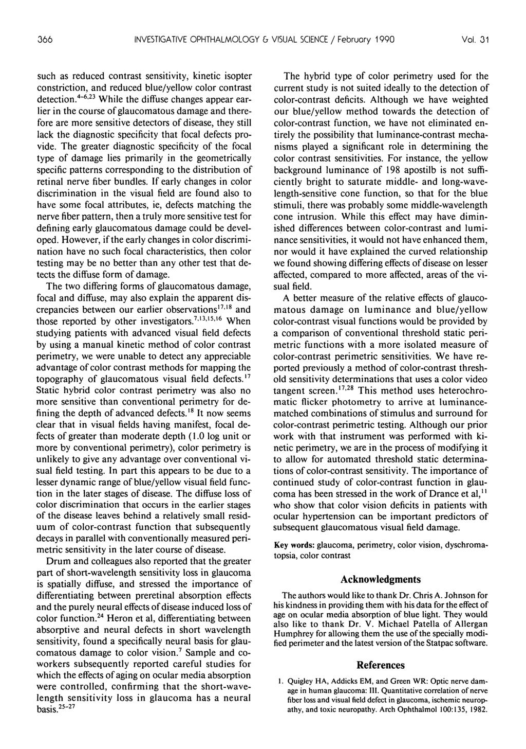 366 INVESTIGATIVE OPHTHALMOLOGY b VISUAL SCIENCE / Februory 199 Vol. 31 such as reduced contrast sensitivity, kinetic isopter constriction, and reduced blue/yellow color contrast detection.