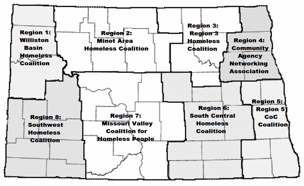 REGIONAL DIFFERENCES North Dakota is divided into eight planning regions, as illustrated in the map below. Differences between the homeless populations of each region are noted in this section.