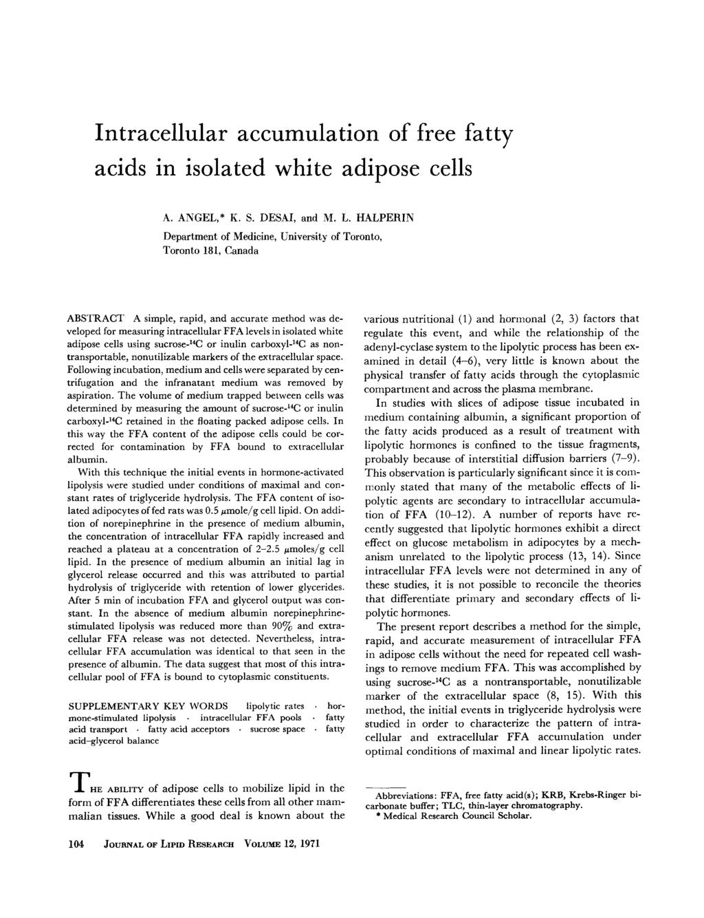 Intracellular accumulation of free fatty acids in isolated white adipose cells A. ANGEL,* K. S. DESAI, and M. L.
