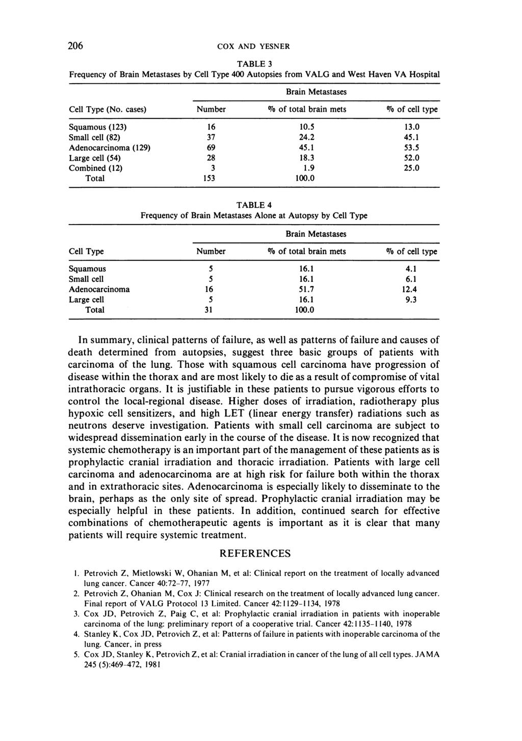 206 COX AND YESNER TABLE 3 Frequency of Brain Metastases by Cell Type 400 Autopsies from VALG and West Haven VA Hospital Brain Metastases Cell Type (No.