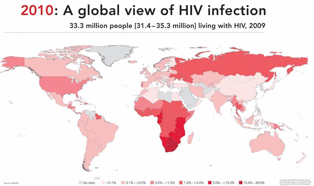 Figure 1-1. Global distribution of HIV-1-infected populations. The HIV pandemic has a wide impact all over the world, with its most significant influence in Sub-Saharan Africa. Source: UNAIDS 2010.