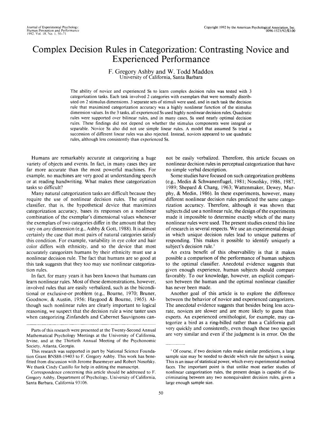 Journal of Experimental Psychology: Human Perception and Performance 199, Vol. 18, No. 1, 50-71 Copyright 199 by the American Psychological Association. Inc. 0096-15 3/9/S3.