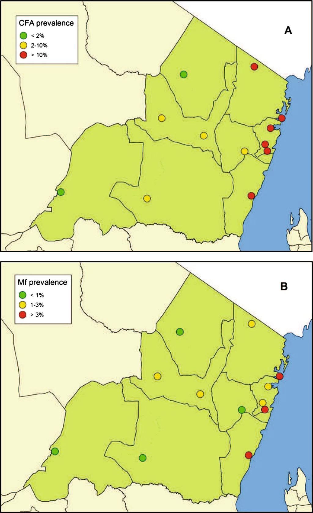 Simonsen et al. Parasites & Vectors 2014, 7:507 Page 16 of 19 Figure 6 Map of Tanga Region showing community prevalence of circulating filarial antigens (A) and microfilariaemia (B) in 2013.