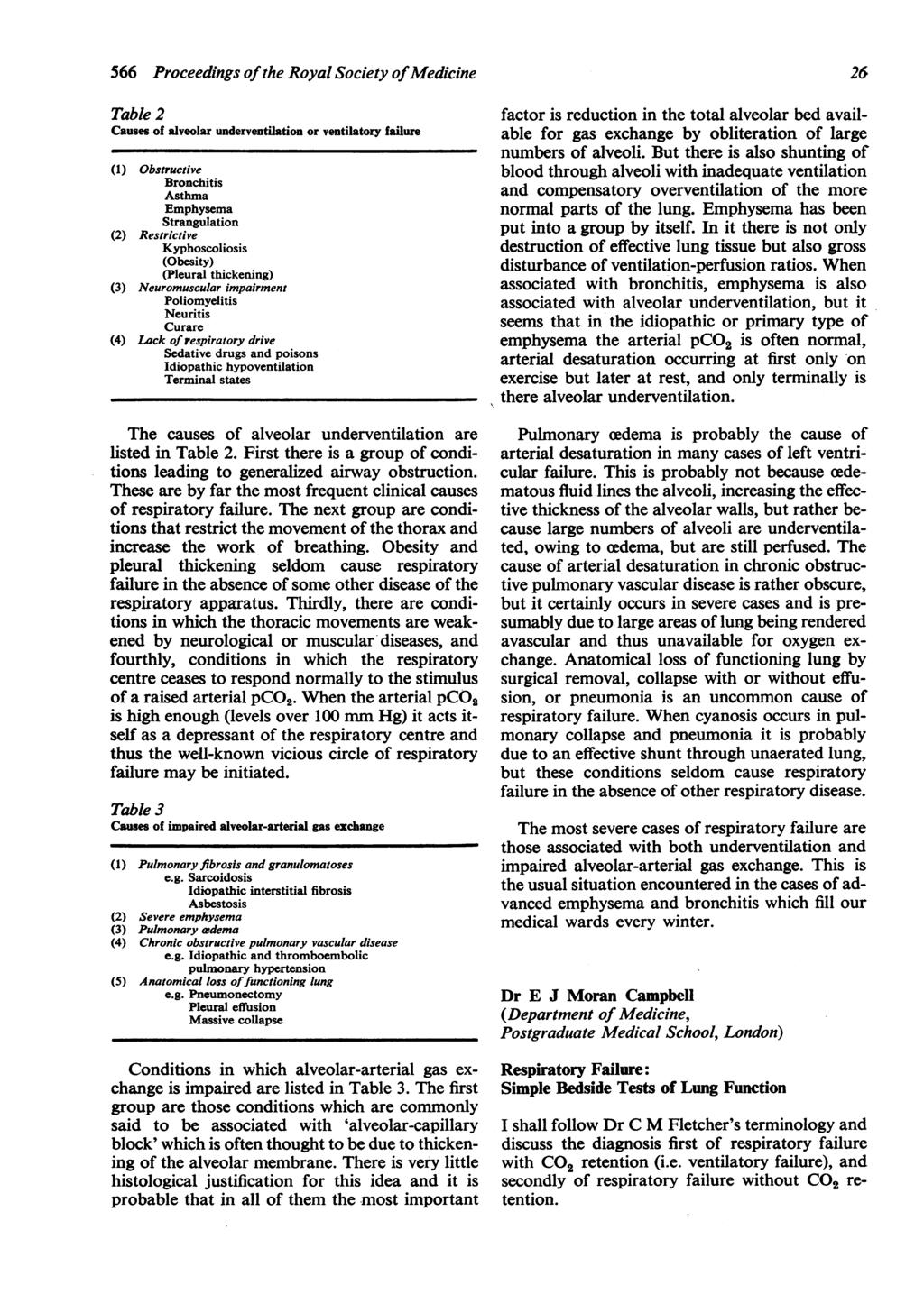 566 Proceedings ofthe Royal Society ofmedicine 26 Table 2 Causes of alveolar underventilation or ventilatory failure (1) Obstructive Bronchitis Asthma Emphysema Strangulation (2) Restrictive