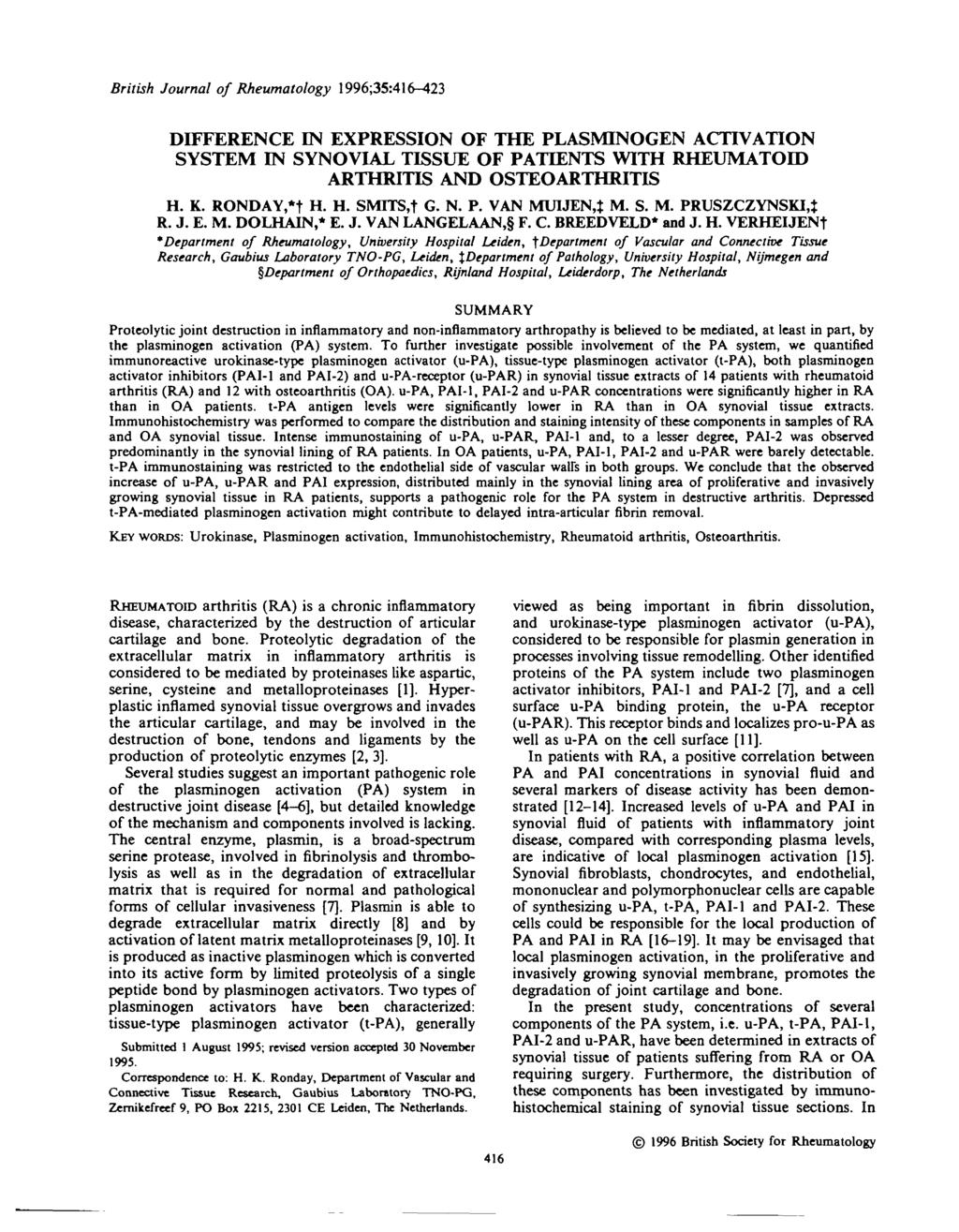 British Journal of Rheumatology 1996;35:416-423 DIFFERENCE IN EXPRESSION OF THE PLASMINOGEN ACTIVATION SYSTEM IN SYNOVIAL TISSUE OF PATIENTS WITH RHEUMATOID ARTHRITIS AND OSTERTHRTTIS H. K.