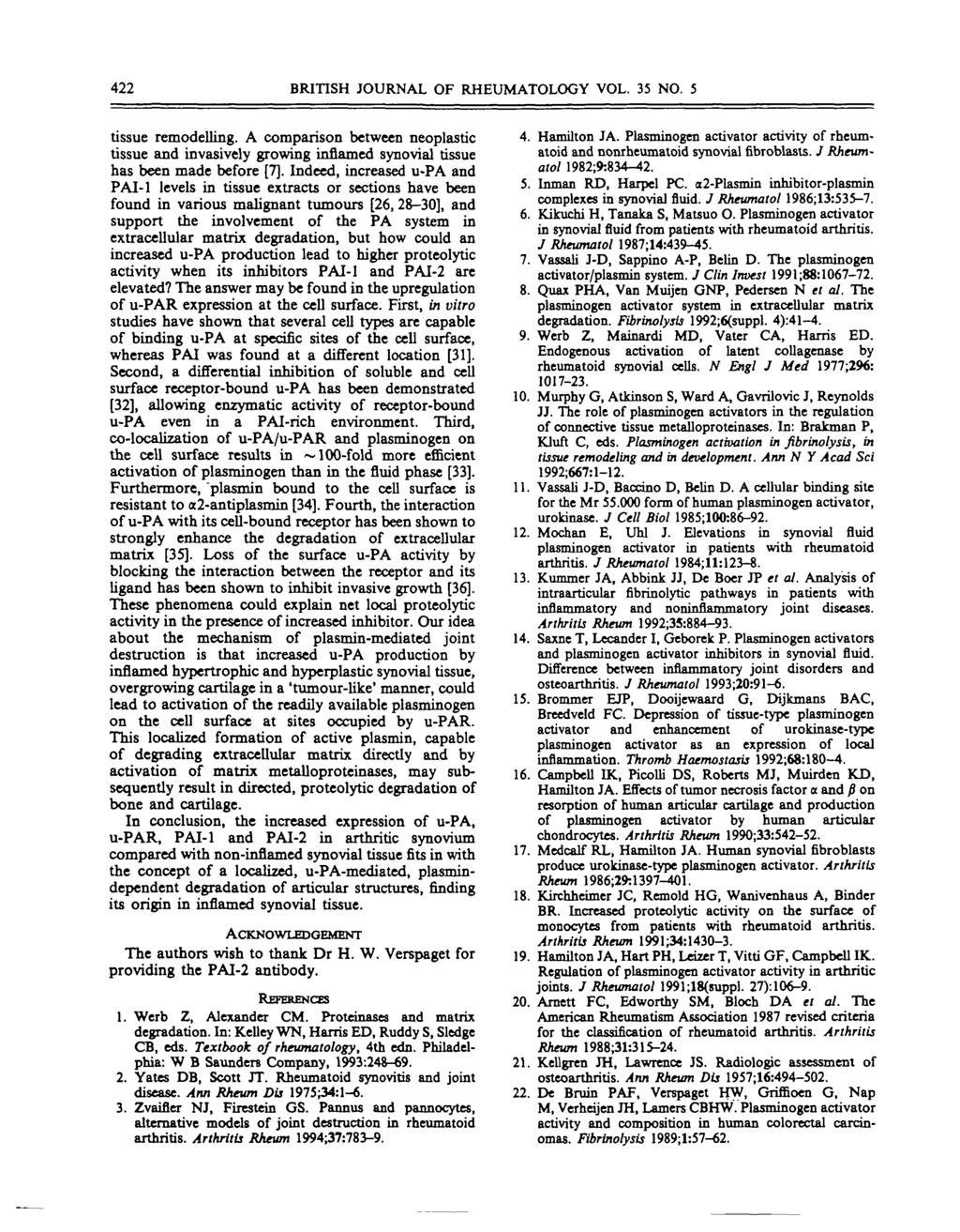 422 BRITISH JOURNAL OF RHEUMATOLOGY VOL. 35 NO. 5 tissue remodelling. A omparison between neoplasti tissue and invasively growing inflamed synovial tissue has been made before [7].