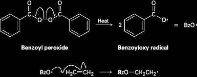 Initiation 1. Small amount of benzoyl peroxide catalyst is heated breaking weak O-O bonds and yielding radicals 2. Benzoyloxy radical adds to C=C bond of ethylene forming a carbon radical 3.