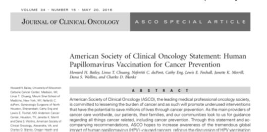 Development of alcohol and cancer statement Similar to recent HPV vaccine statement (Bailey, JCO 2016) Expect release in summer 2017 in JCO Written by experts in: Medical Oncology Cancer Disparities