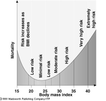 Body mass index and mortality risk Overall mortality of overweight persons (BMI 25-29.9) is no higher than that of persons of normal weight (BMI 18.5-24.