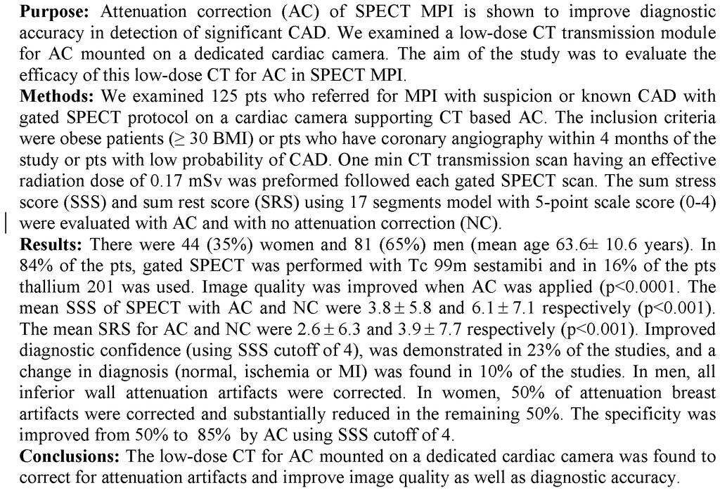S19 - Nuclear Cardiology and Cardiac CT - II (119-109) A Novel Low-Dose CT Attenuation Correction Device Mounted on a Dedicated Cardiac System for SPECT.