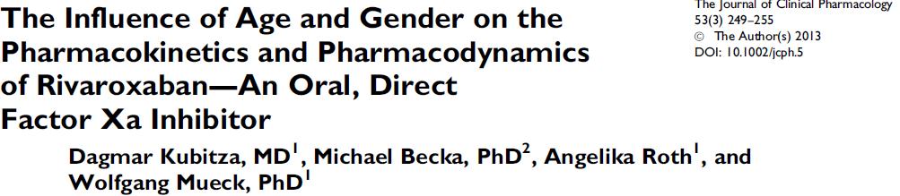 Gender had no significant influence on rivaroxaban The AUC was 41% > in elderly vs young subjects, result of