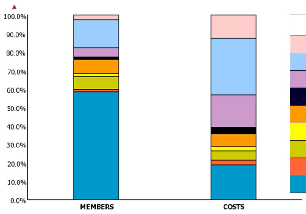 Percent of conditions driving your costs segmented Percent of members* compared to percent of cost by condition^ Members Costs 2 or more major chronic conditions 2.5% 12.