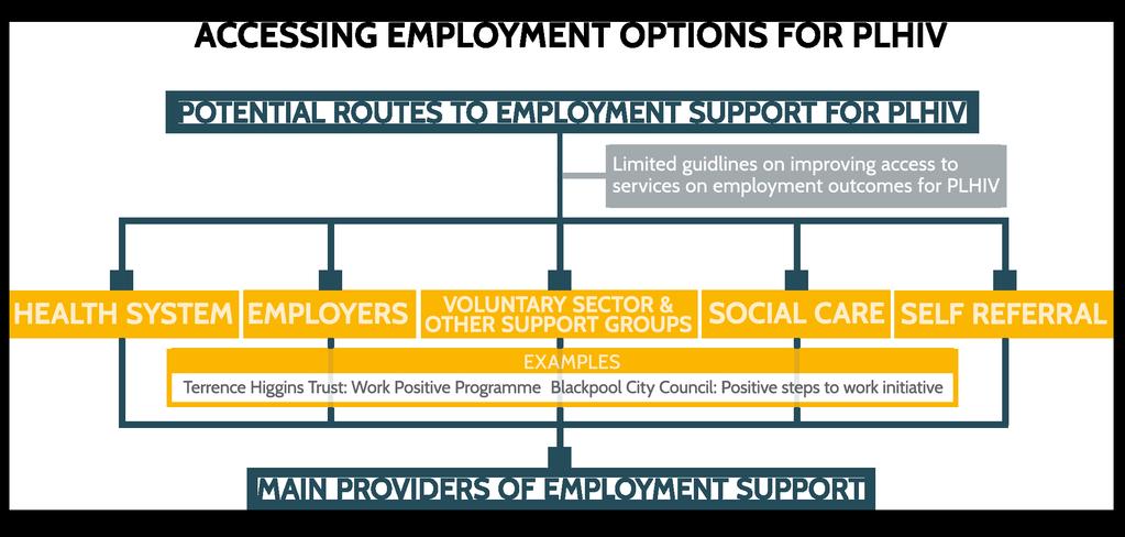 ACCESSING EMPLOYMENT SUPPORT FOR PLHIV There are a range of potential routes to support PLHIV in accessing support (Figure 10), but PLHIV may not be aware of these routes or there is no systematic
