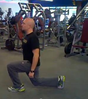 Walking Lunge Stand with your feet shoulder-width apart. Step forward with your right leg, taking a slightly larger than normal step.