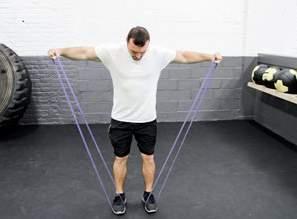 LATERAL RAISES: Position feet shoulder width apart and position the bands underneath each foot. Grab the other ends of the bands and raise your arms out until parallel to the floor.