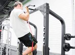 BACK ASSISTED PULL-UPS SEATED BACK ROW LAT PULL DOWN GOOD MORNINGS ASSISTED PULL-UP: Anchor the band around a pull-up bar. Place the other end of the band under your shin or foot.