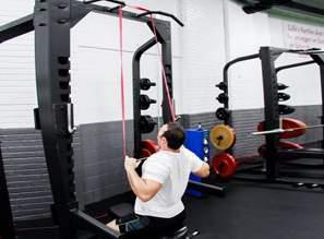 In a seated position grasp each end of the band. Position yourself so that there is slight tension on the band. Now pull each hand simultaneously toward your body while contracting your lats.