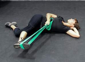 HAMSTRING STRETCH HIP & GLUTE STRETCH HIP & GLUTE: Lie on the floor and loop the band around the left or right foot, grabbing onto the band with